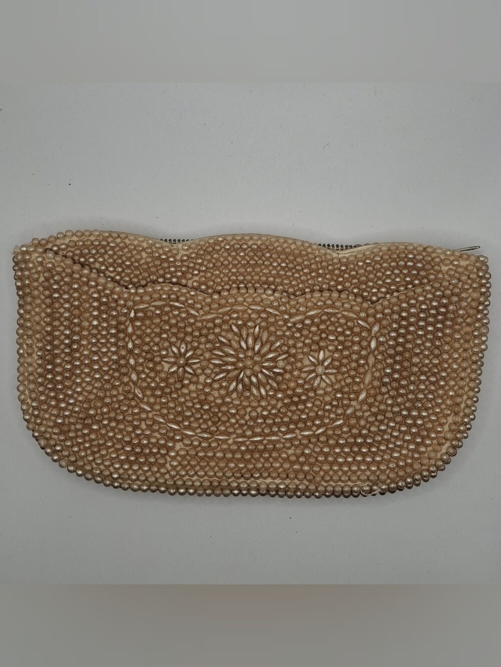 Vintage Beaded Pearl-Embossed Clutch in Champagne Beige